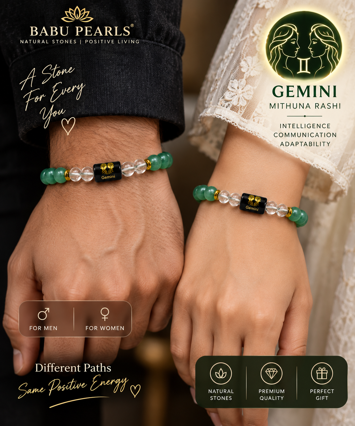 Gemini (mithuna rasi)aventurine and crystal bracelet