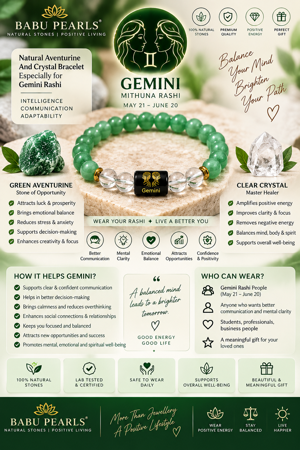 Gemini (mithuna rasi)aventurine and crystal bracelet