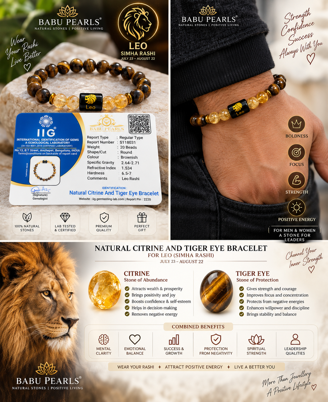 Natural Citrine & Tiger Eye Bracelet
Leo (Simha Rashi)
