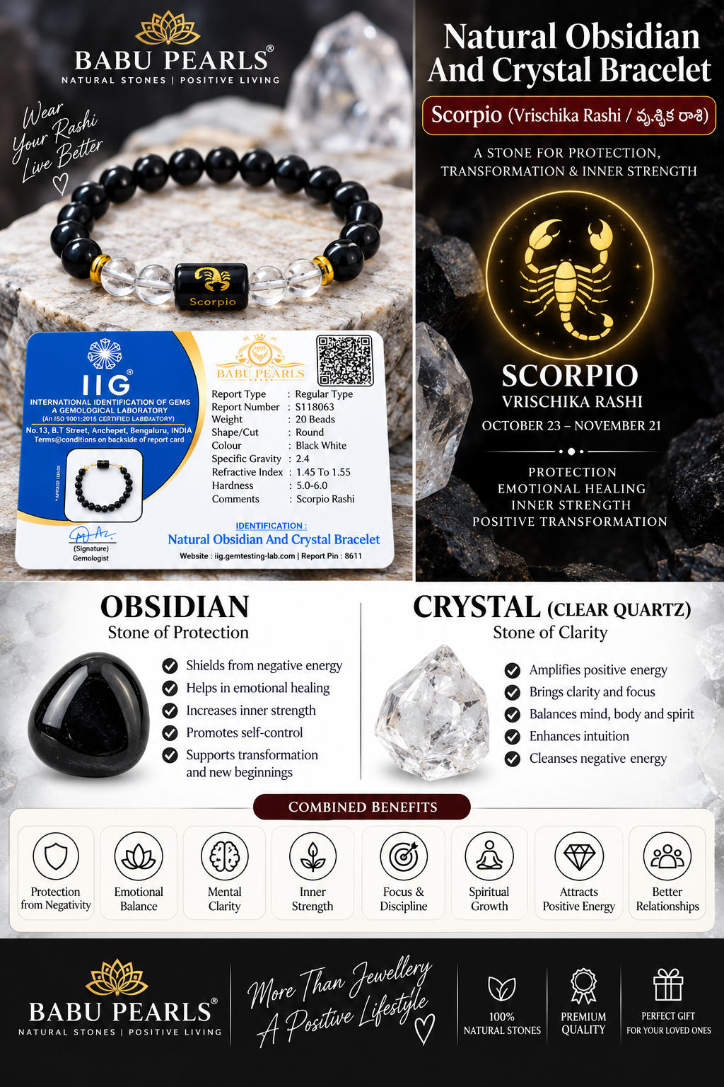 Scorpio (vrischika rasi) obsidian nd crystal bracelet