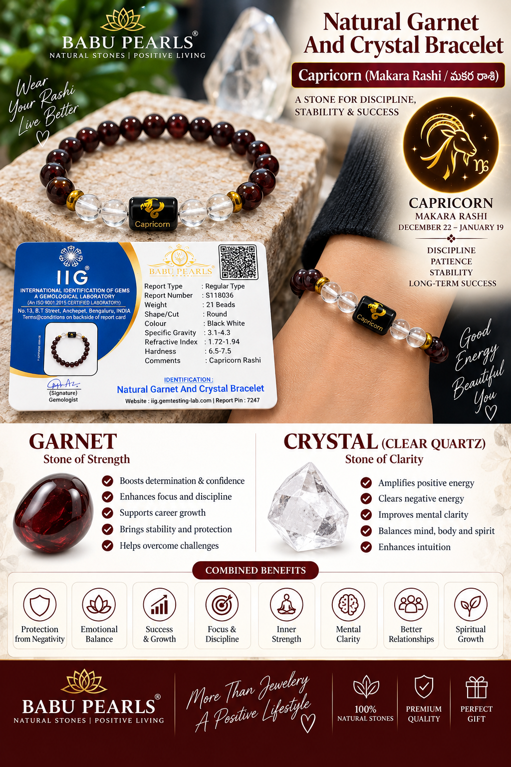 Natural Garnet & Crystal Bracelet – Capricorn (మకర రాశి) ✨