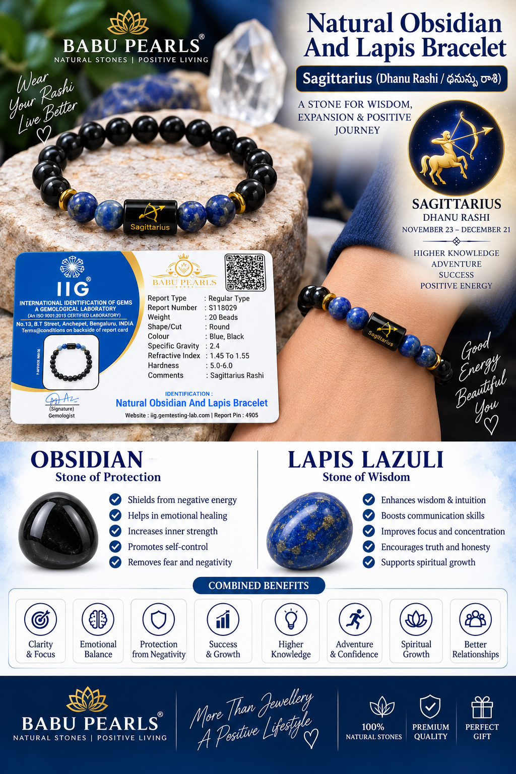 Sagittarius (Dhanu rasi) obsidian nd lapis lazuli bracelet