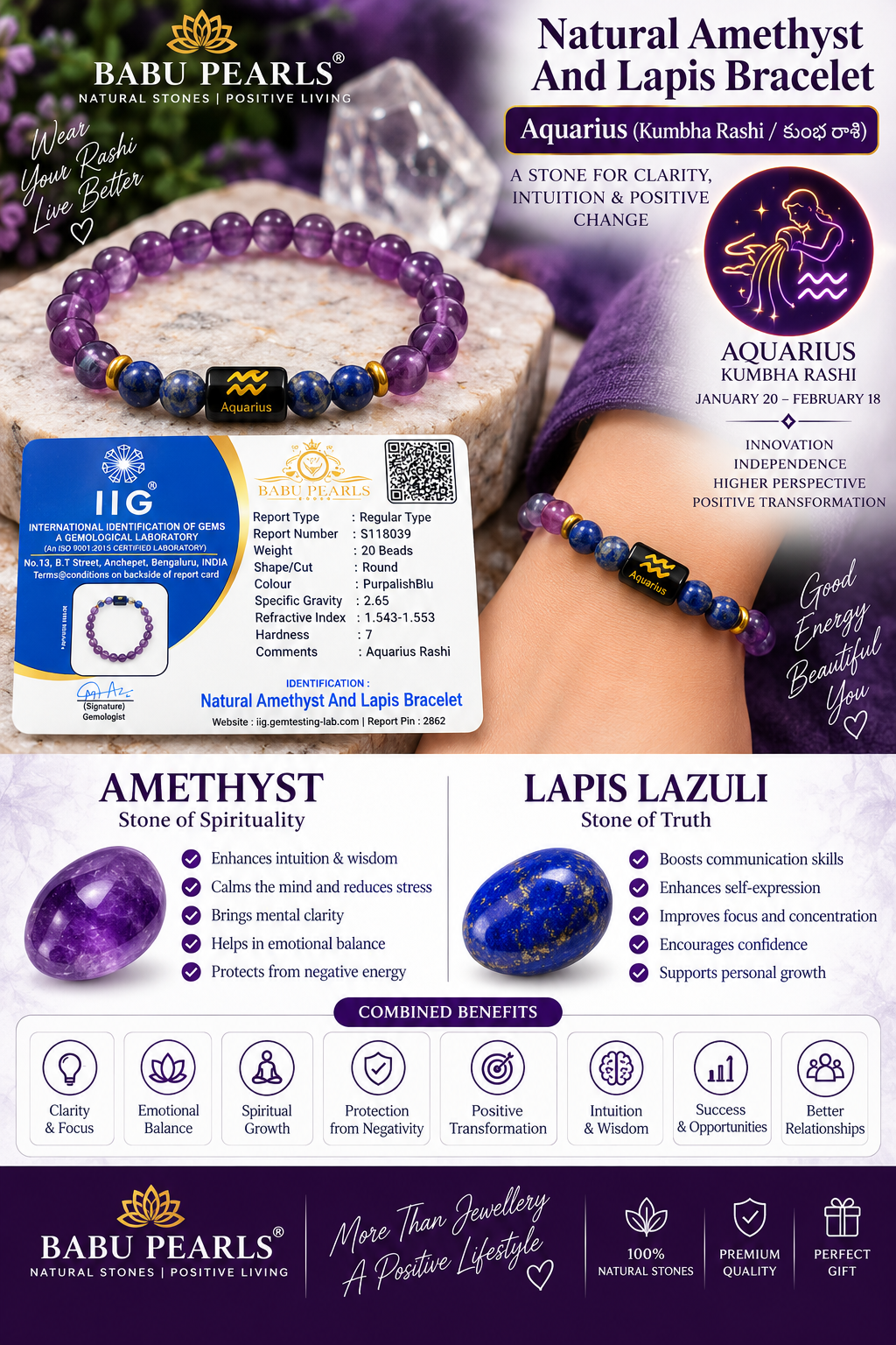 Aquarius (kumba rasi) amethyst nd lapis lazuli bracelet