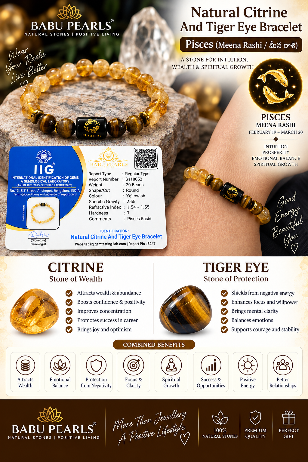 Natural Citrine & Tiger Eye Bracelet – Pisces (మీన రాశి) ✨