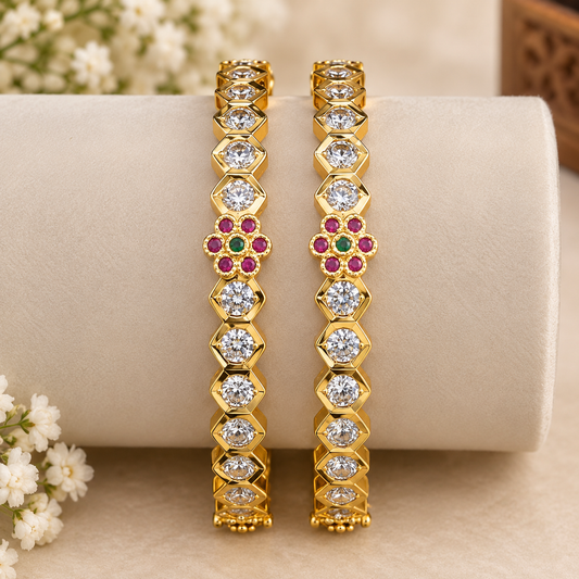 Premium Floral CZ Stone Gold Bangles 💎🫶💫