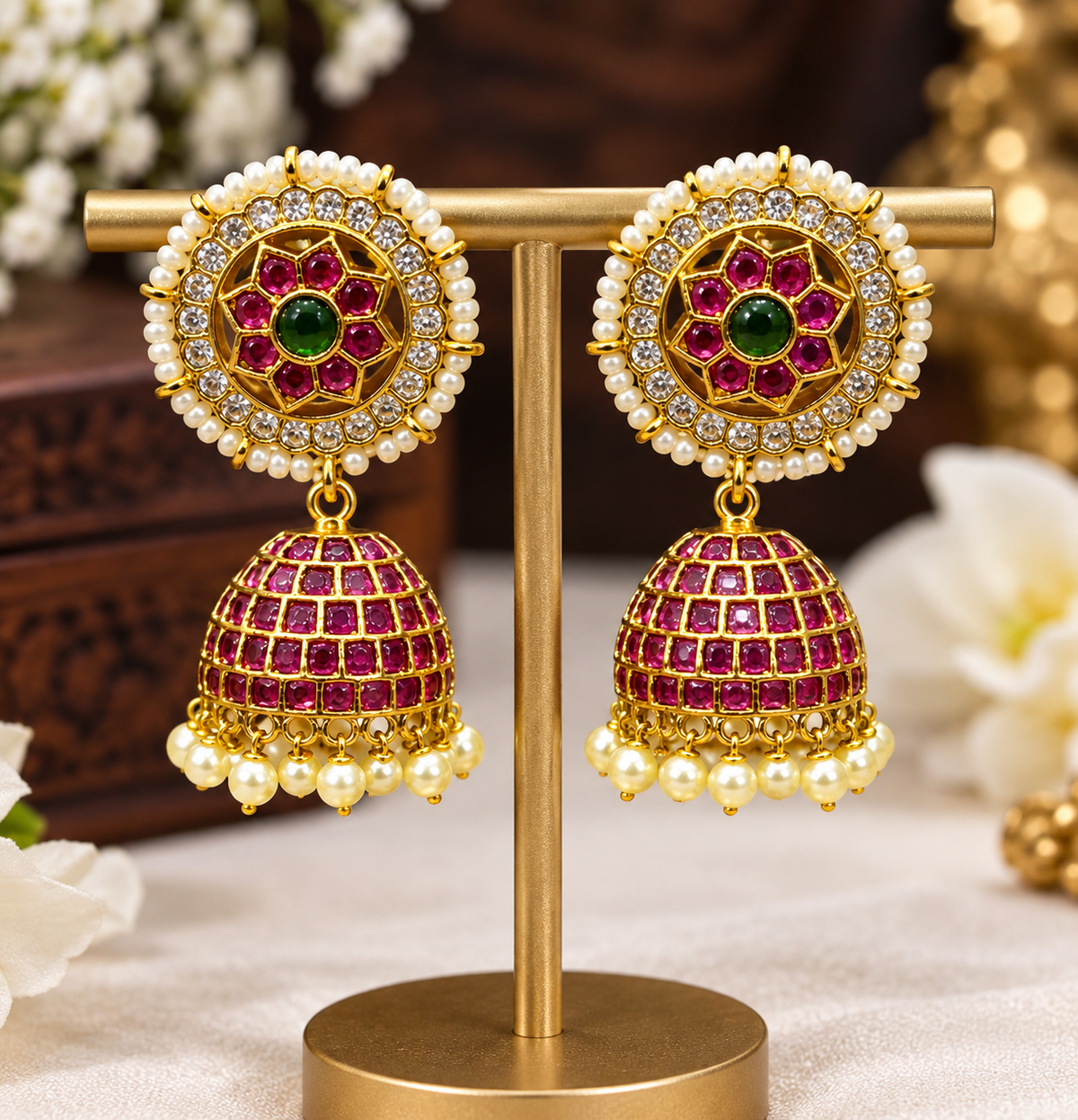 Green Ruby Pearl Jhumka Earrings ✨