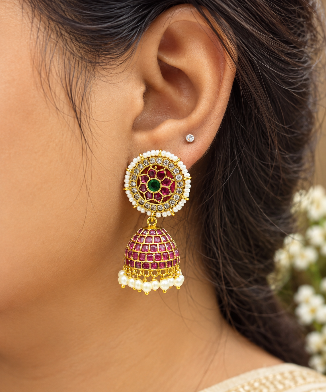 Green Ruby Pearl Jhumka Earrings ✨