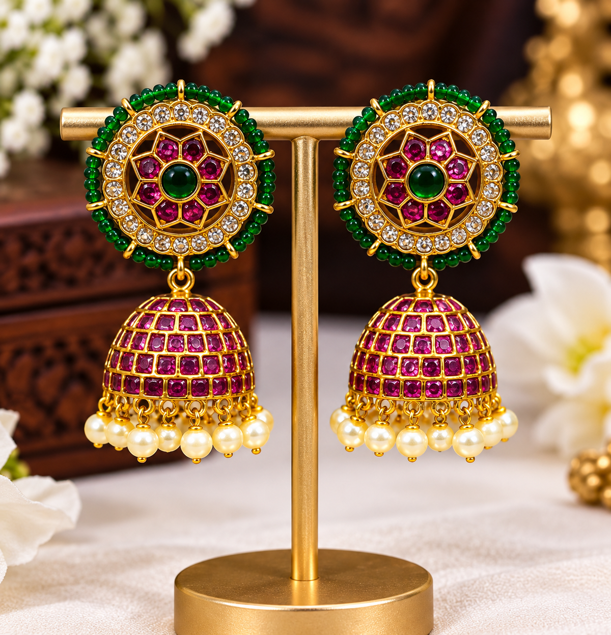 Green Ruby Pearl Jhumka Earrings ✨