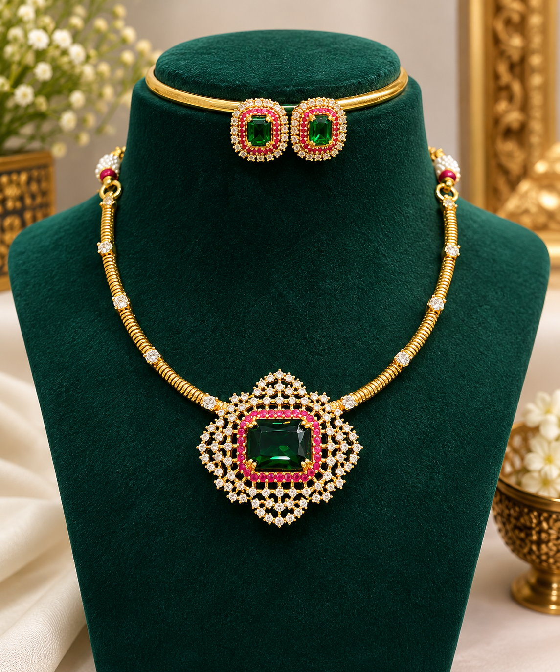 Elegant Emerald Green Designer Necklace Set ⚡️💫