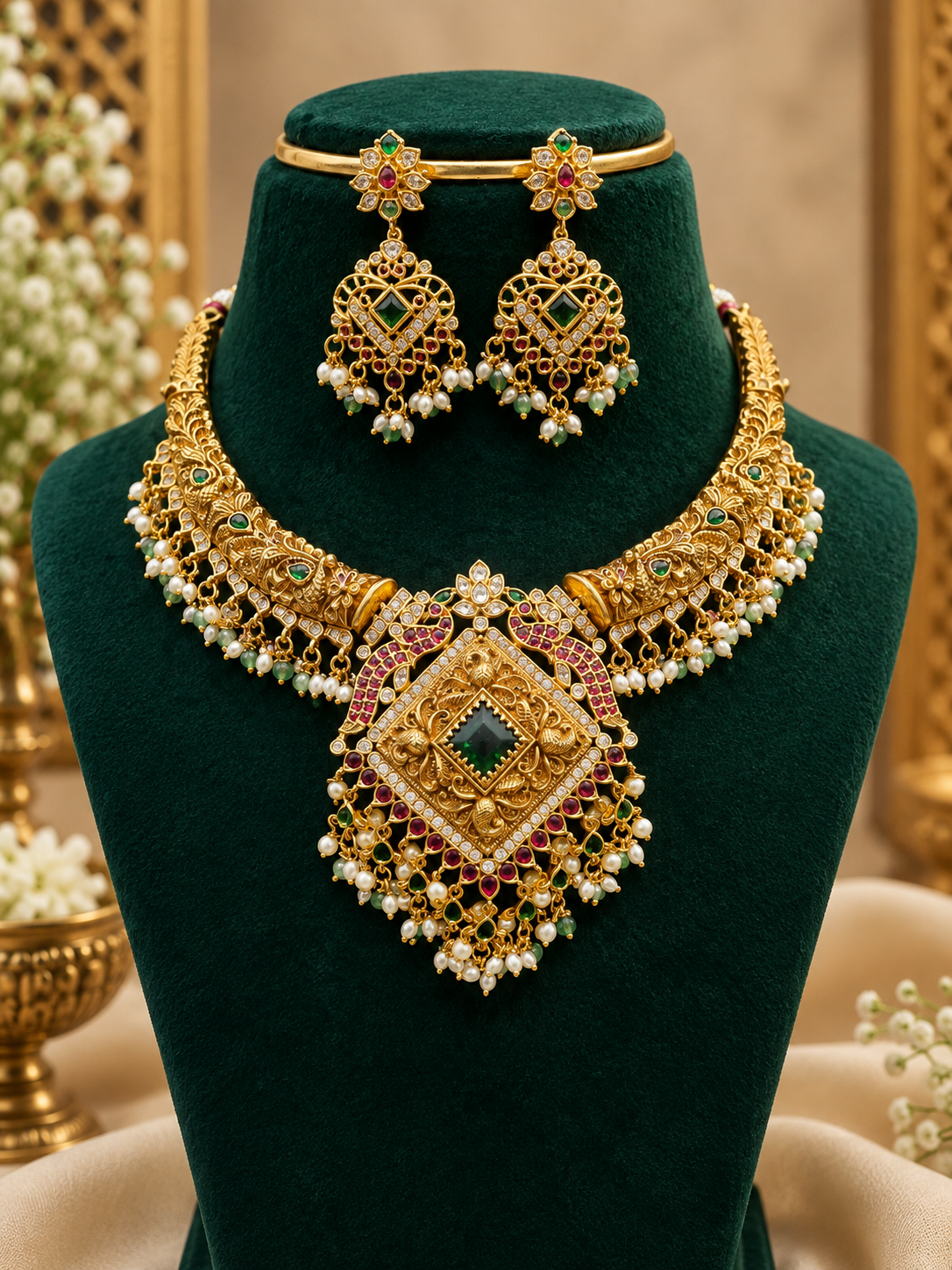 Elegant Emerald & Ruby Designer Temple Necklace Set😍😘