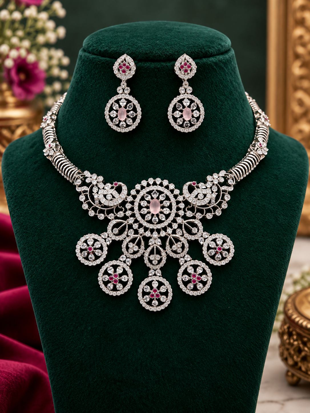 Premium Diamond Finish Accented Statement Necklace Set 💎