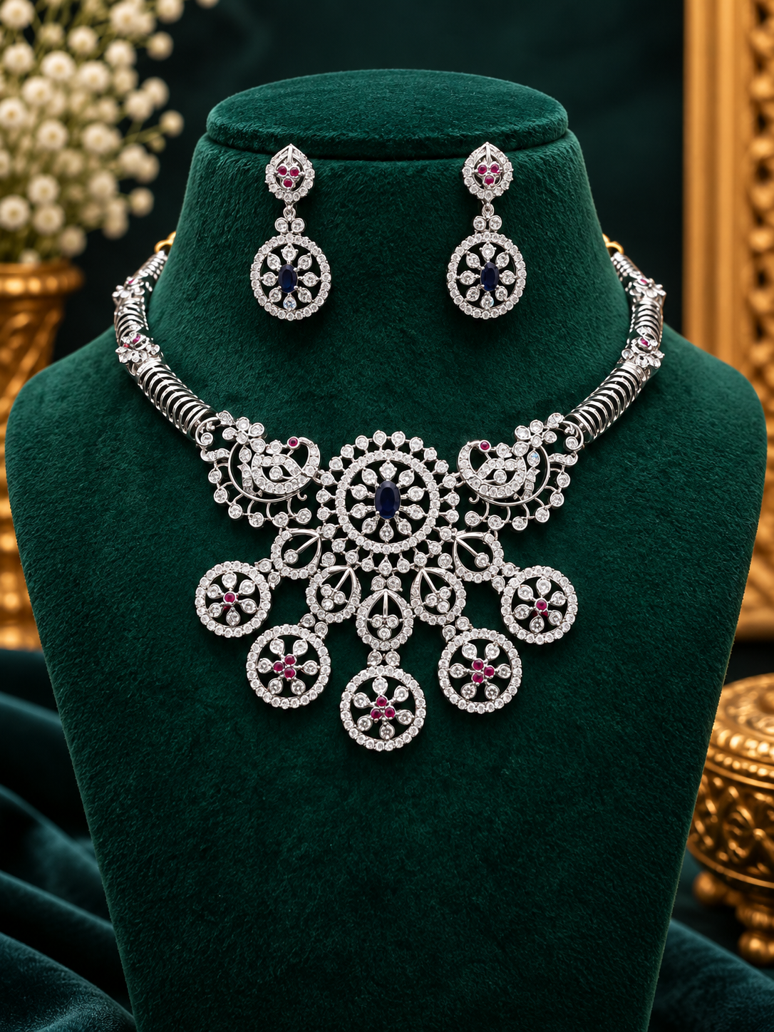 Premium Diamond Finish Accented Statement Necklace Set 💎