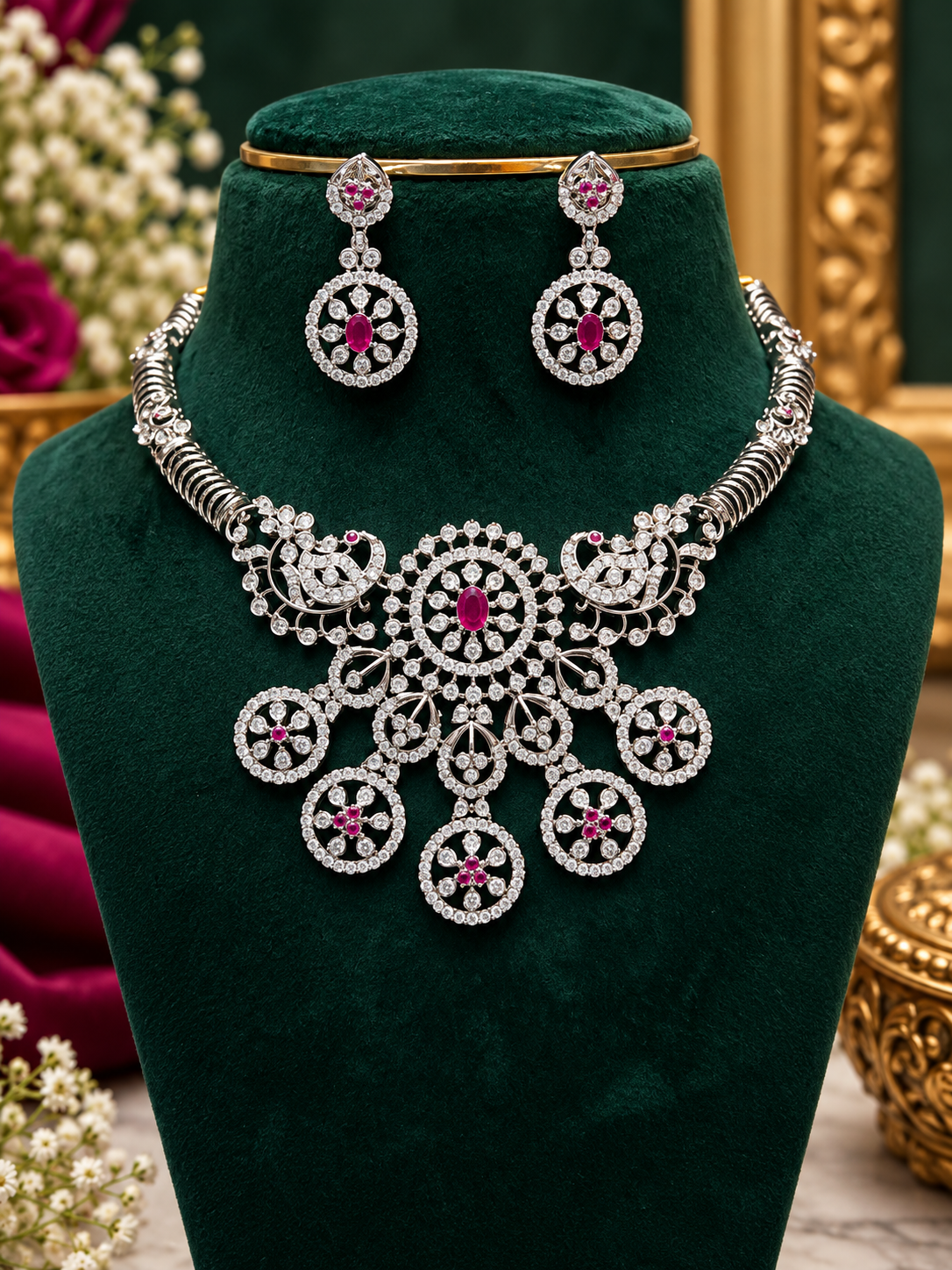 Premium Diamond Finish Accented Statement Necklace Set 💎