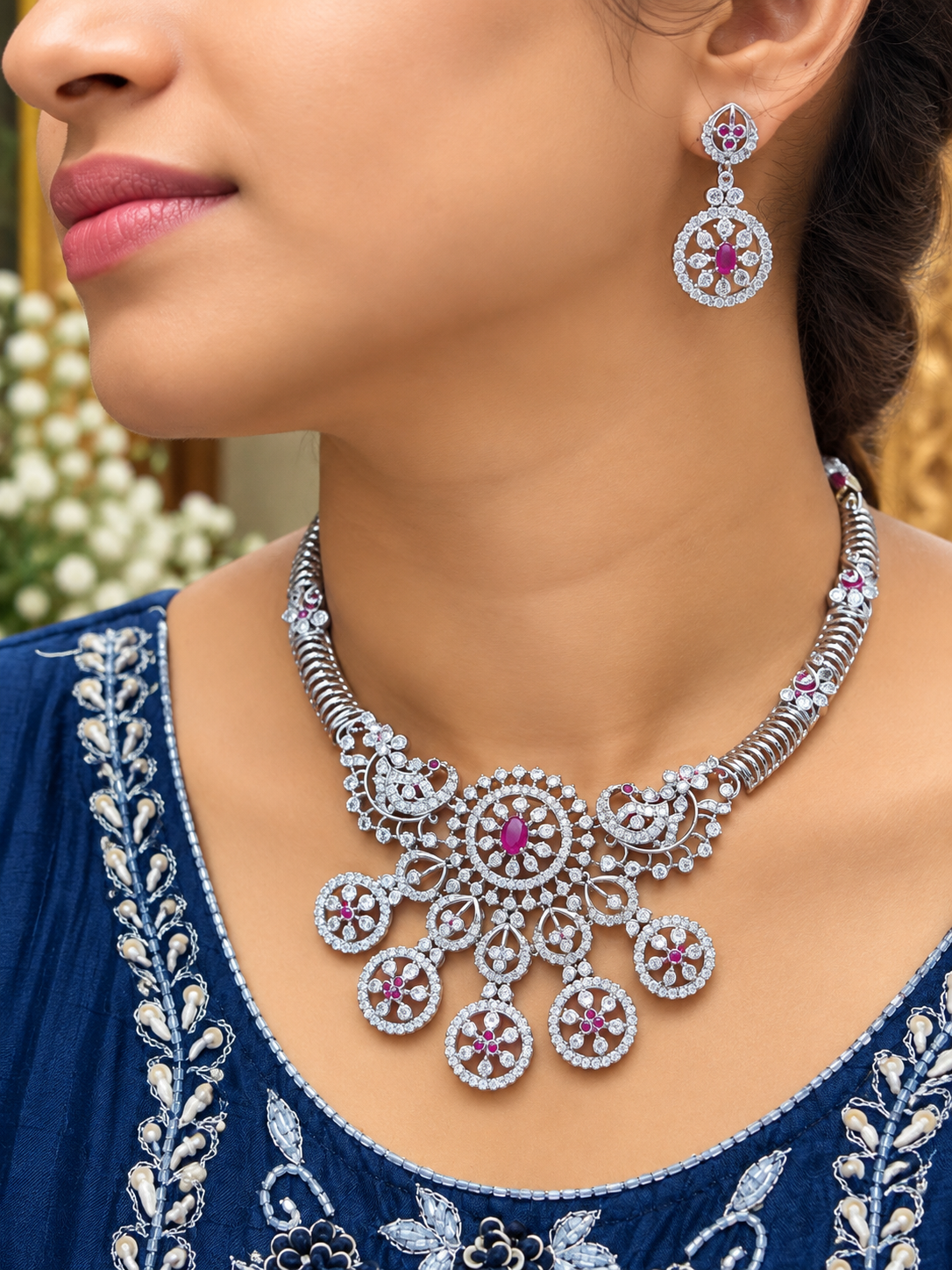 Premium Diamond Finish Accented Statement Necklace Set 💎