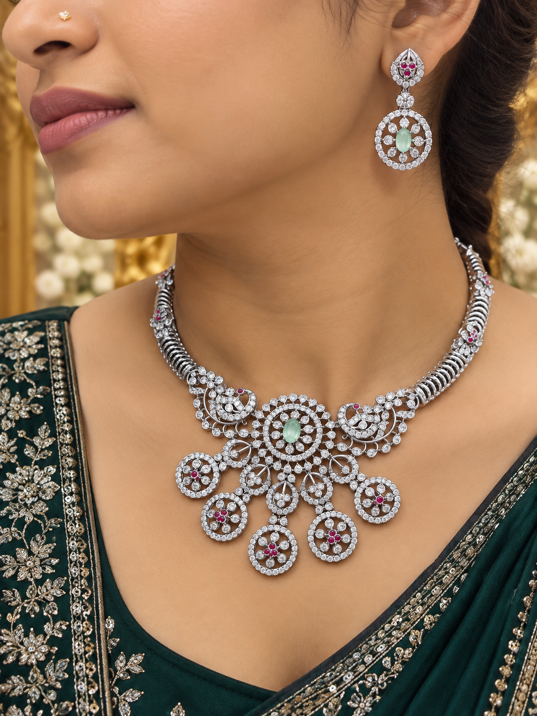 Premium Diamond Finish Accented Statement Necklace Set 💎
