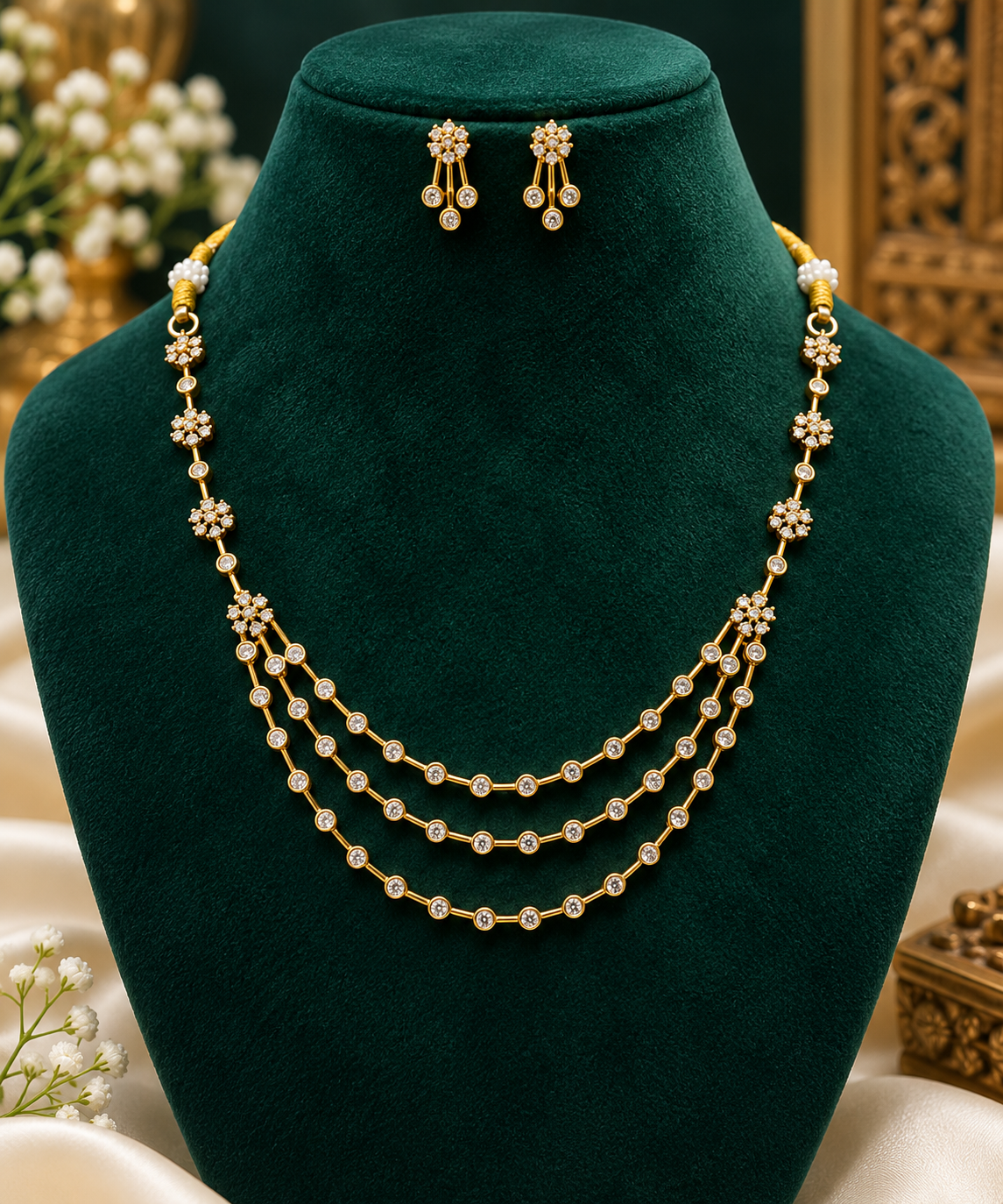 Elegant Triple-Layer CZ Necklace Set with Matching Earrings 🫶💓