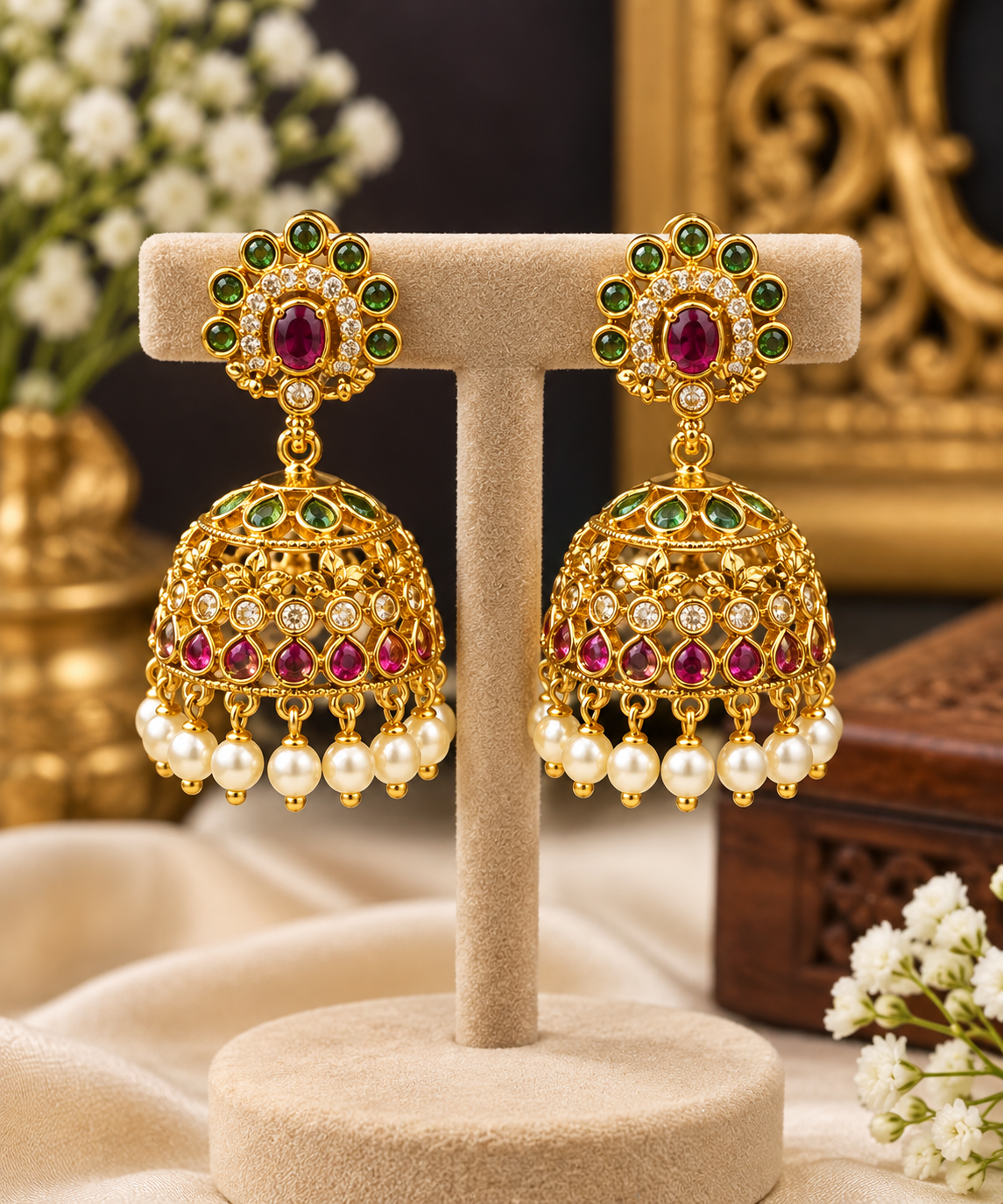 Royal Green & Ruby Stone Jhumka Earrings ✨
