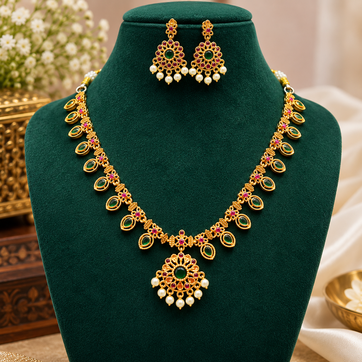 Royal Emerald Ruby Stone Necklace Set with Pearl Drops ⚡️✨😇