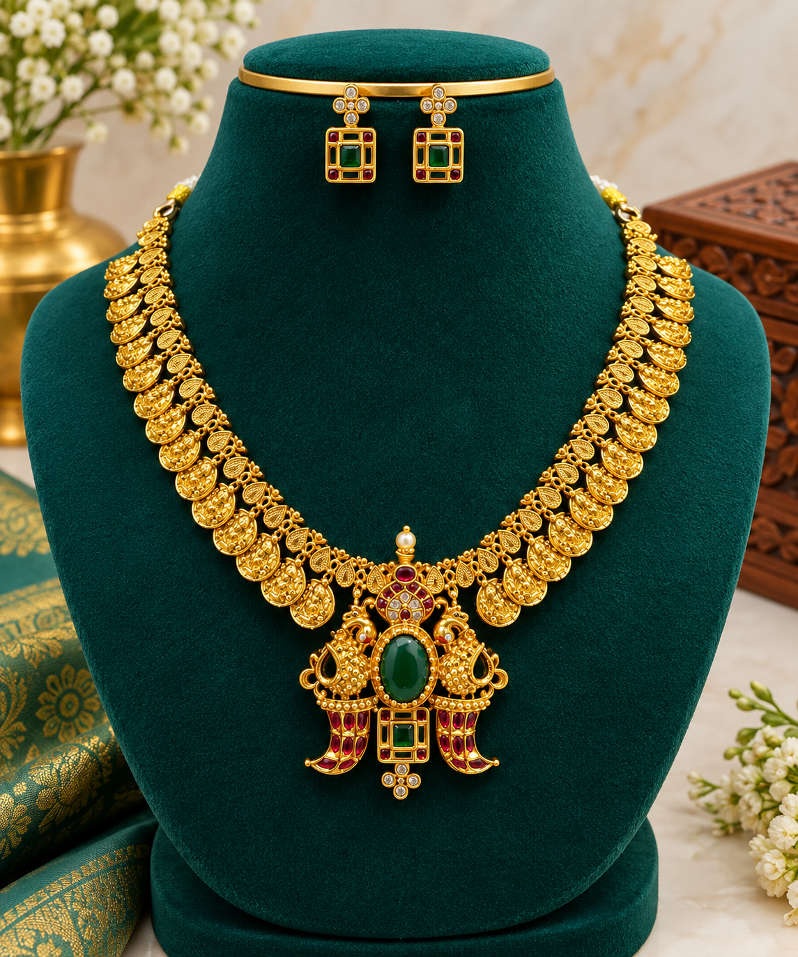 Traditional Lakshmi Peacock Temple Necklace with Matching Earrings 😘🧿🤗