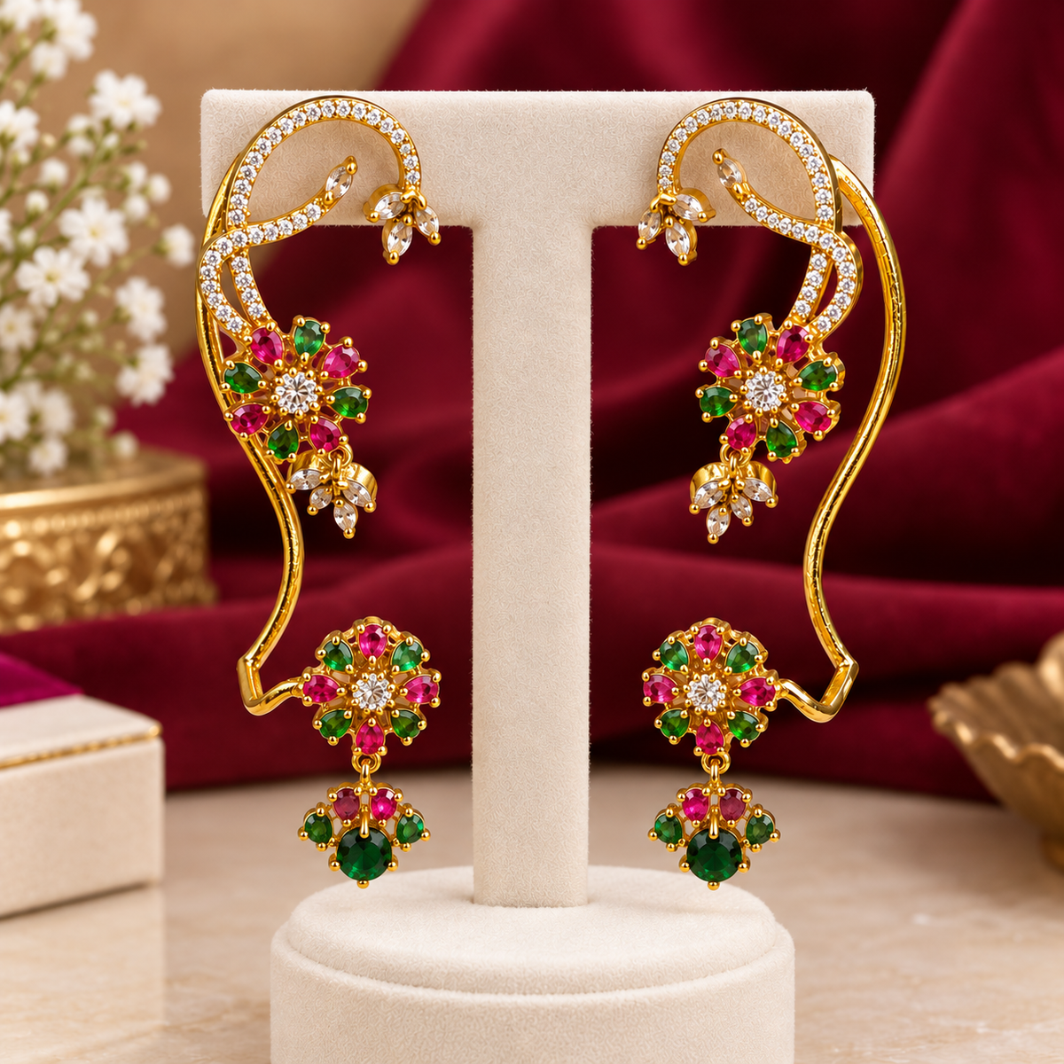 Royal Multicolor Floral Ear Cuff & Drop Earrings ✨