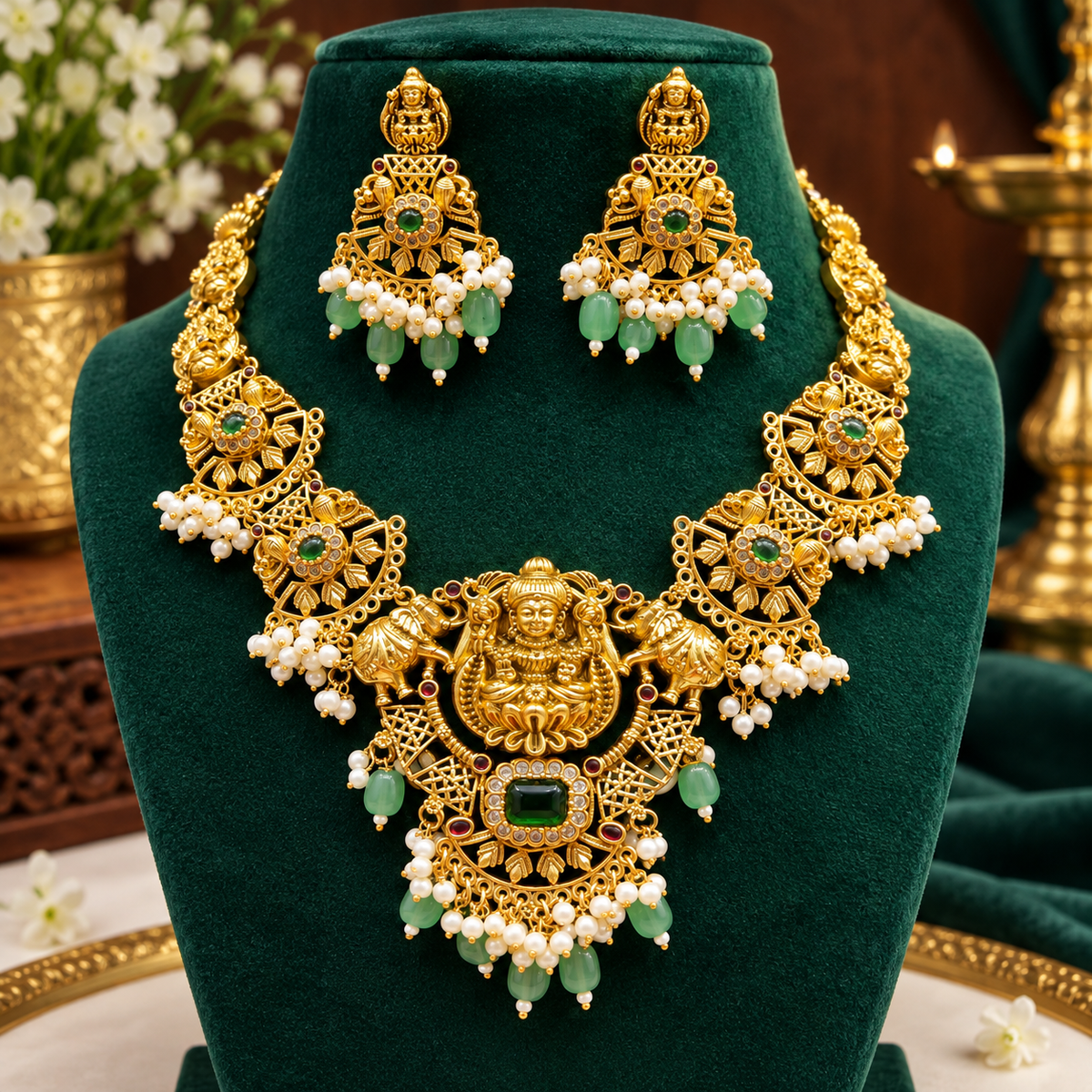 Divine Lakshmi Emerald Temple Jewellery Set 💚✨
