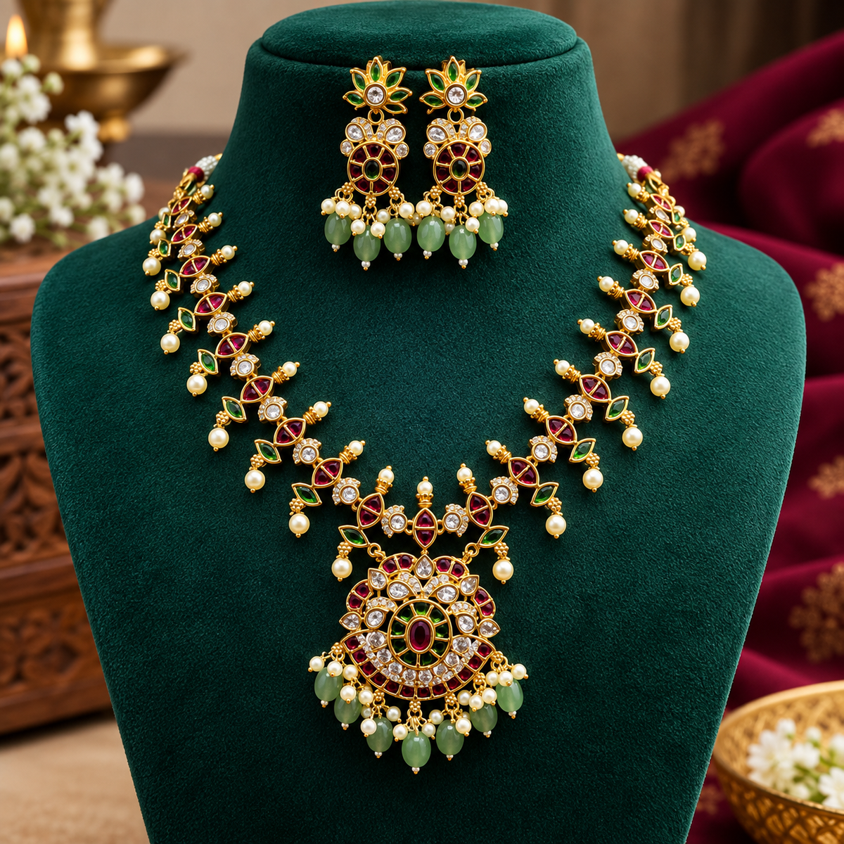 Traditional Ruby & Emerald Stone Necklace Set with Matching Earrings 💎