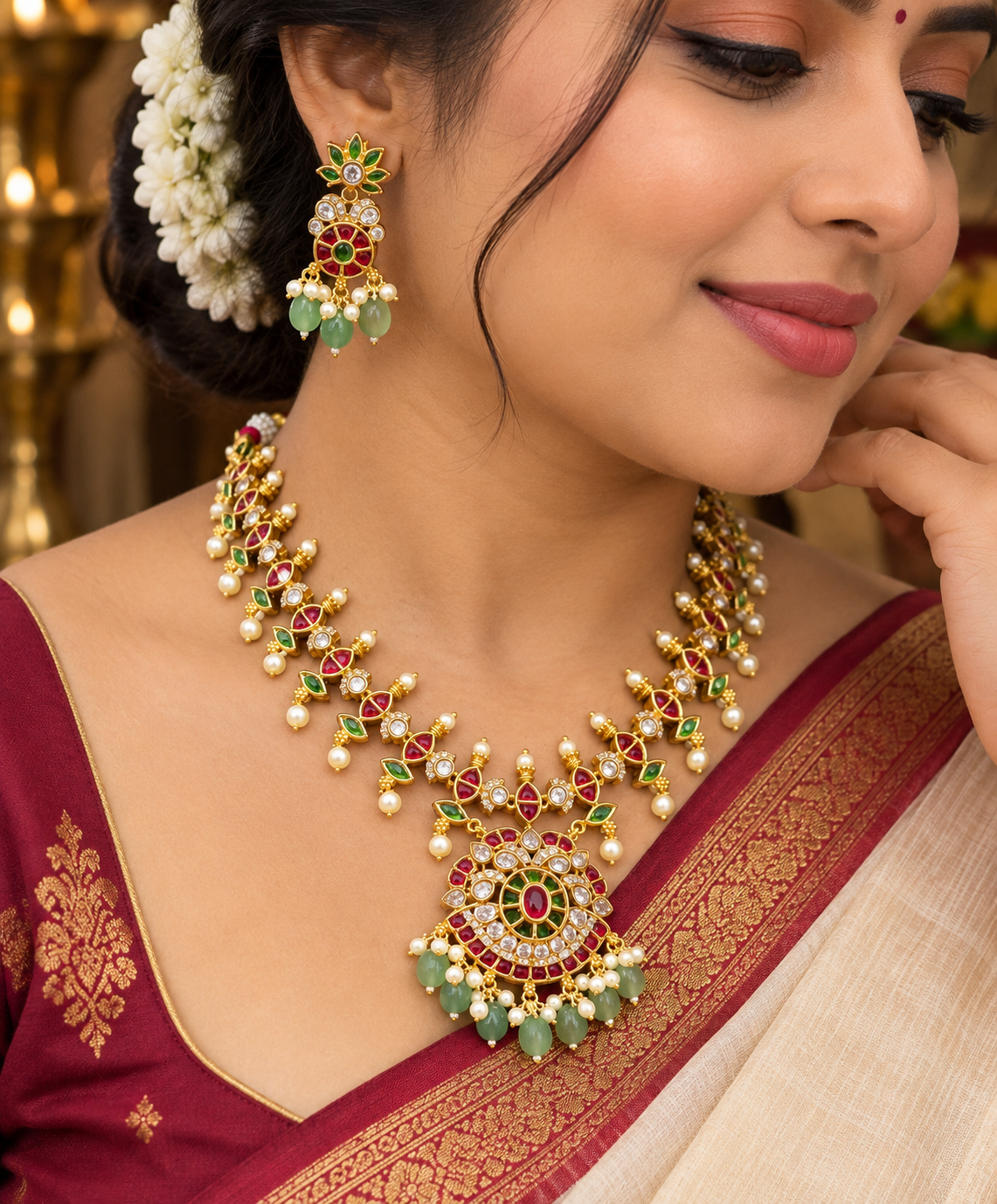 Traditional Ruby & Emerald Stone Necklace Set with Matching Earrings 💎