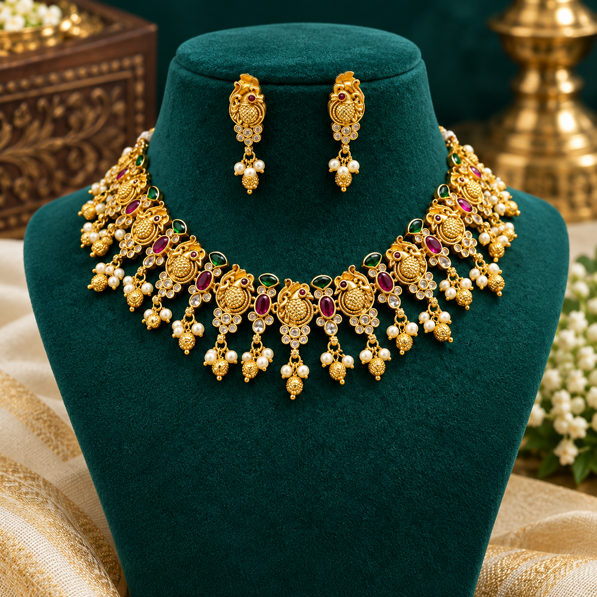 Traditional Peacock Kemp Stone Bridal Necklace Set ✨🥰