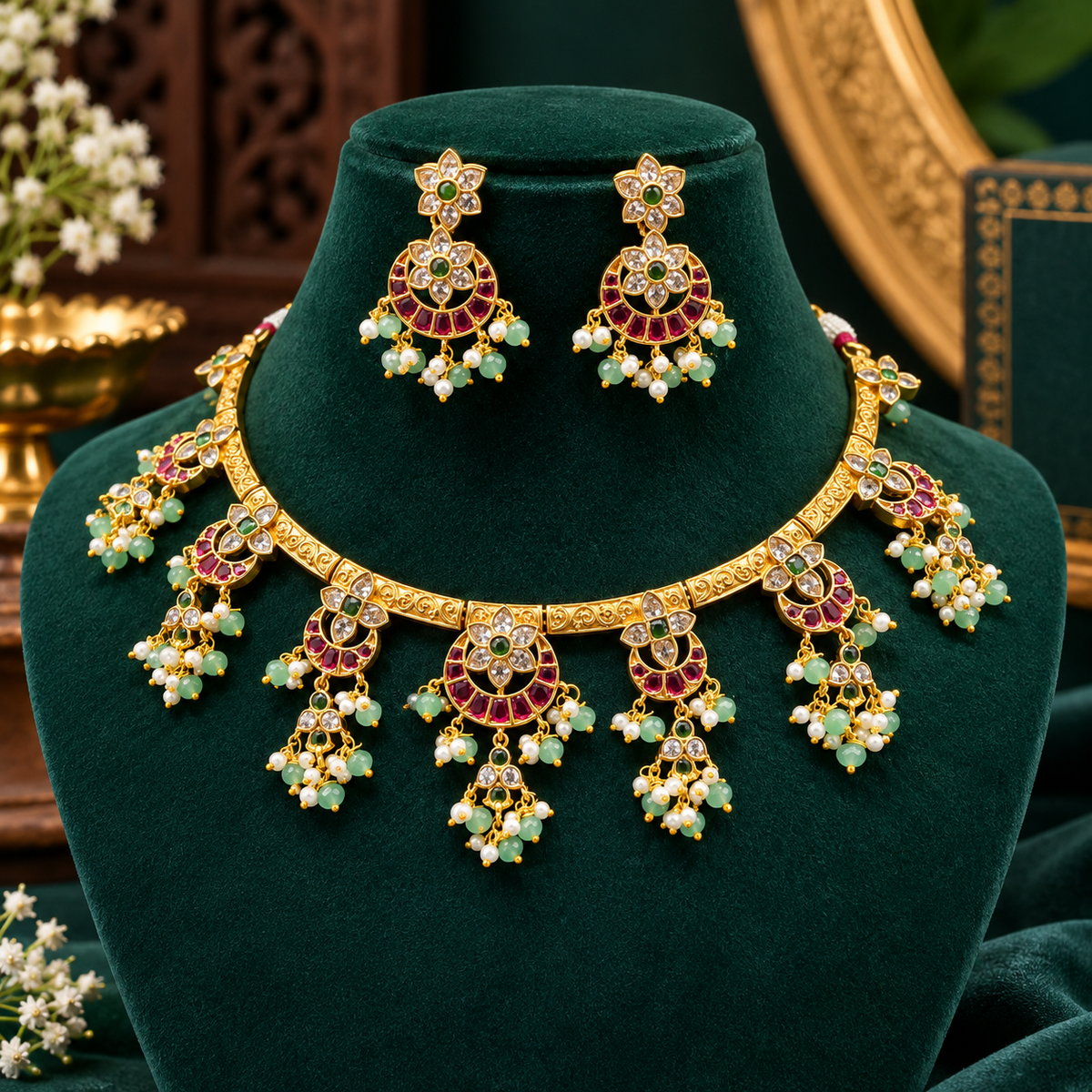 Traditional Ruby & Green Stone Necklace Set with Matching Earrings 🫶💫⚡️