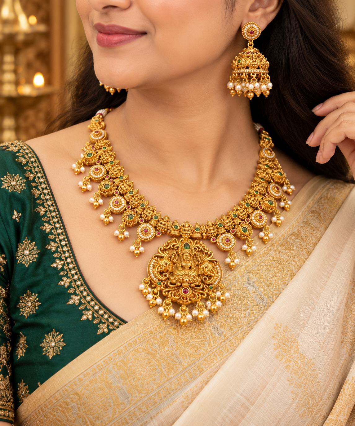 Elegant Lakshmi Devi Temple Jewellery Set – Necklace & Jhumkas 👑✨