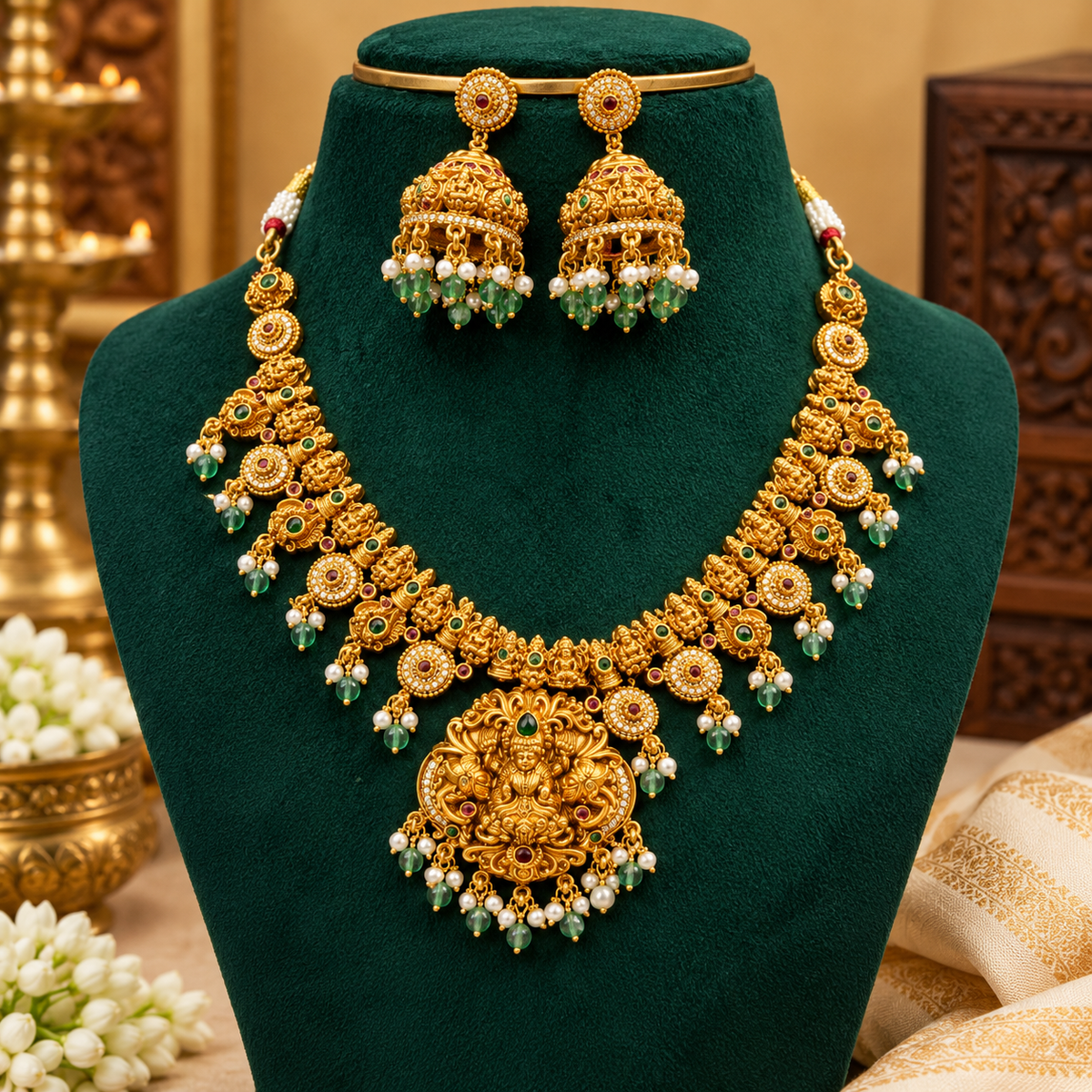Elegant Lakshmi Devi Temple Jewellery Set – Necklace & Jhumkas 👑✨