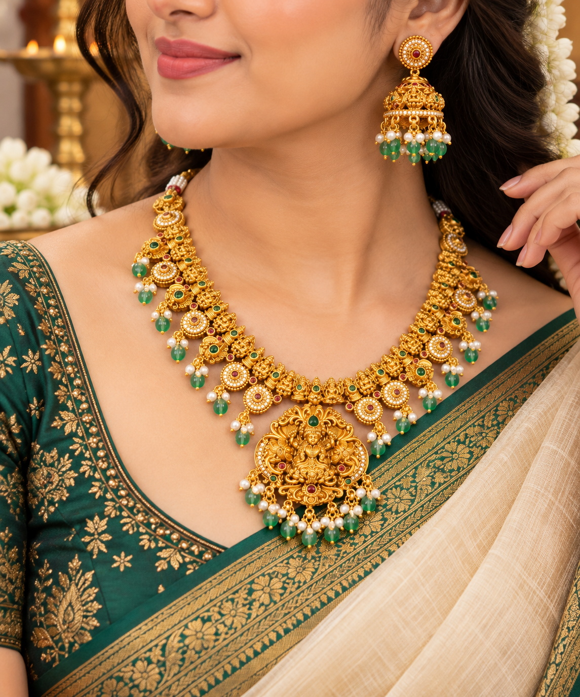 Elegant Lakshmi Devi Temple Jewellery Set – Necklace & Jhumkas 👑✨