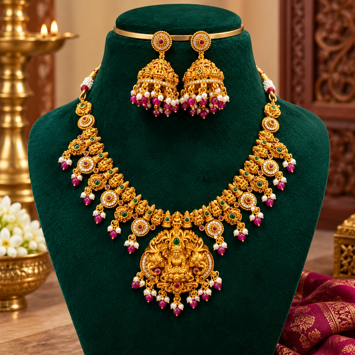 Elegant Lakshmi Devi Temple Jewellery Set – Necklace & Jhumkas 👑✨