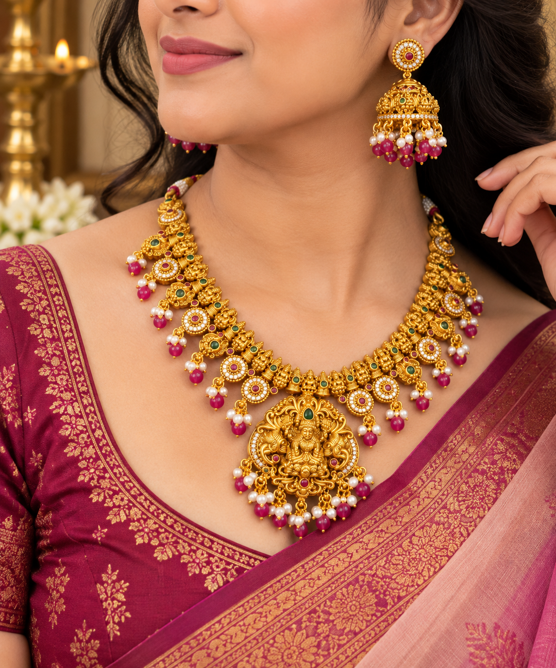 Elegant Lakshmi Devi Temple Jewellery Set – Necklace & Jhumkas 👑✨