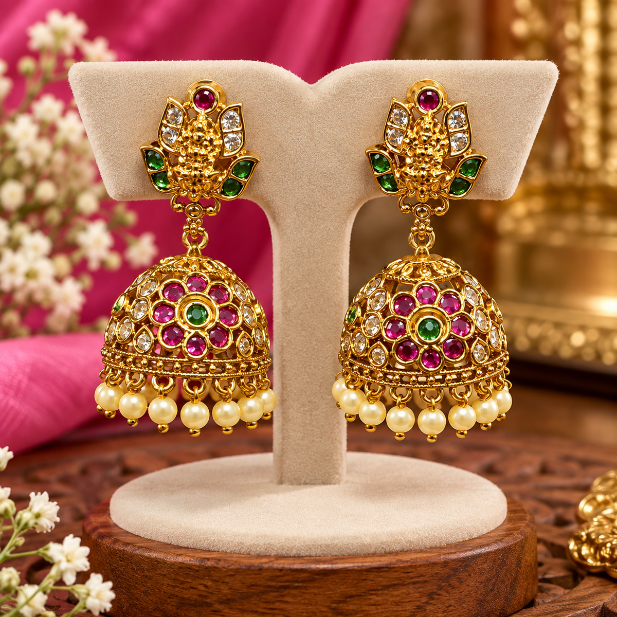Royal Lakshmi Devi Stone Jhumka Earrings ⚡️🤗🌟