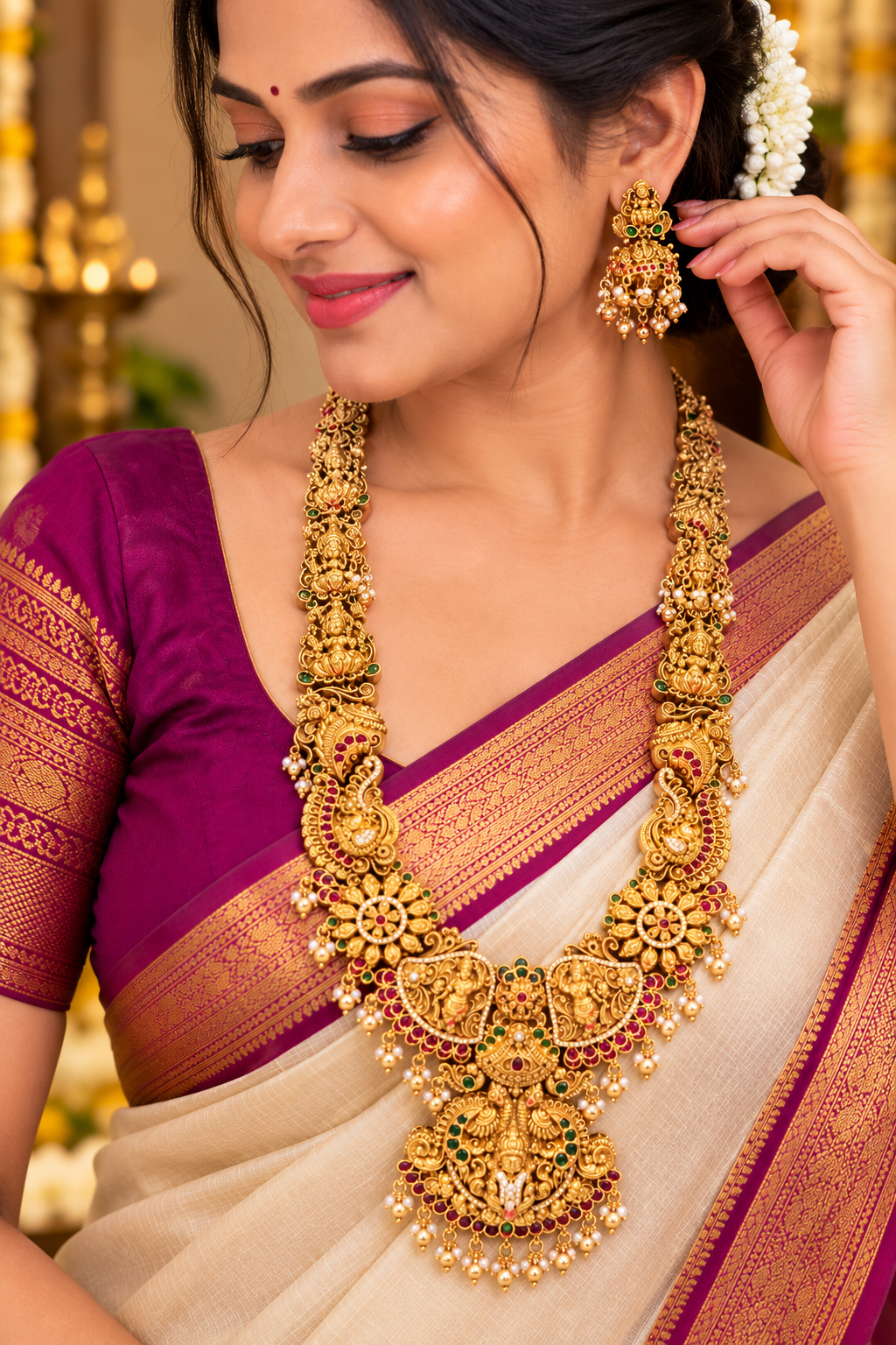 Royal Nakshi Lakshmi Devi Long Haram – Premium Temple Design ✨