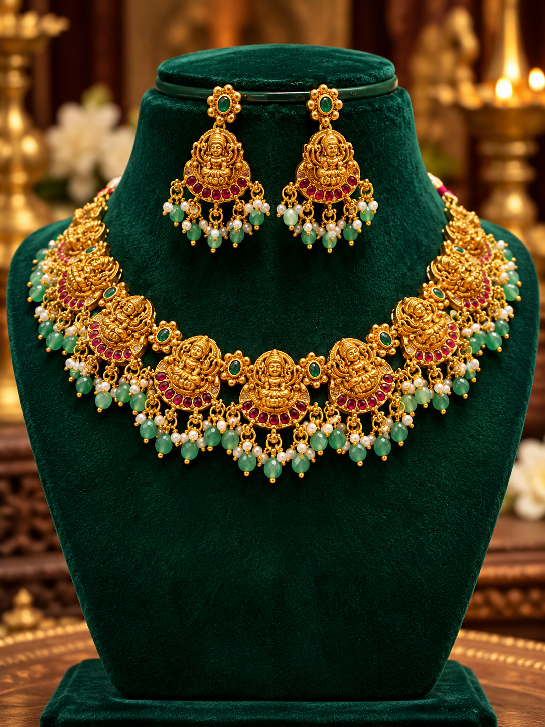Divine Lakshmi Devi Green Beads Temple Necklace – Premium Traditional Collection ✨
