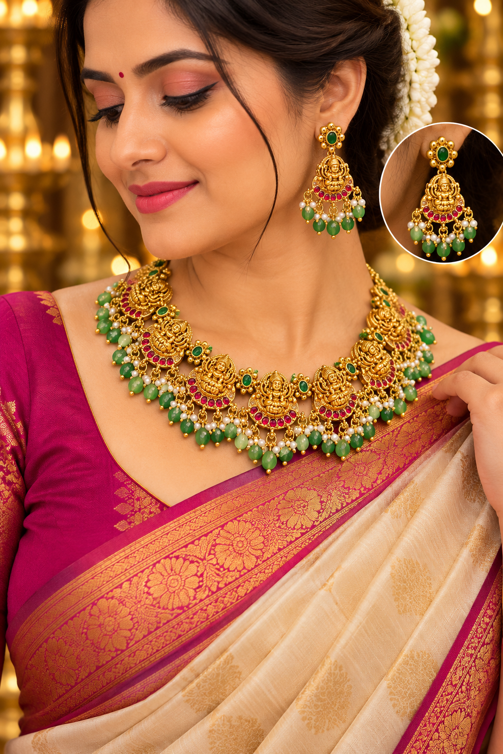 Divine Lakshmi Devi Green Beads Temple Necklace – Premium Traditional Collection ✨