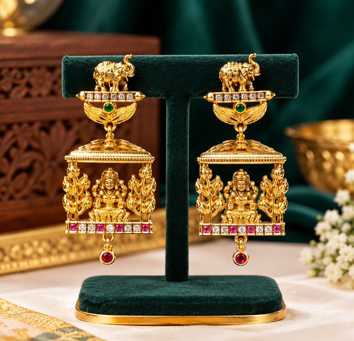 Lakshmi Devi Temple Jhumka ✨
Traditional Elegance with Divine Beauty 💛
