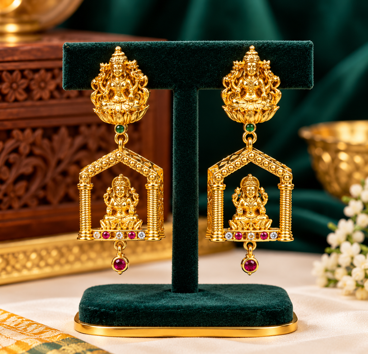 Lakshmi Devi Temple Jhumka ✨
Traditional Elegance with Divine Beauty 💛