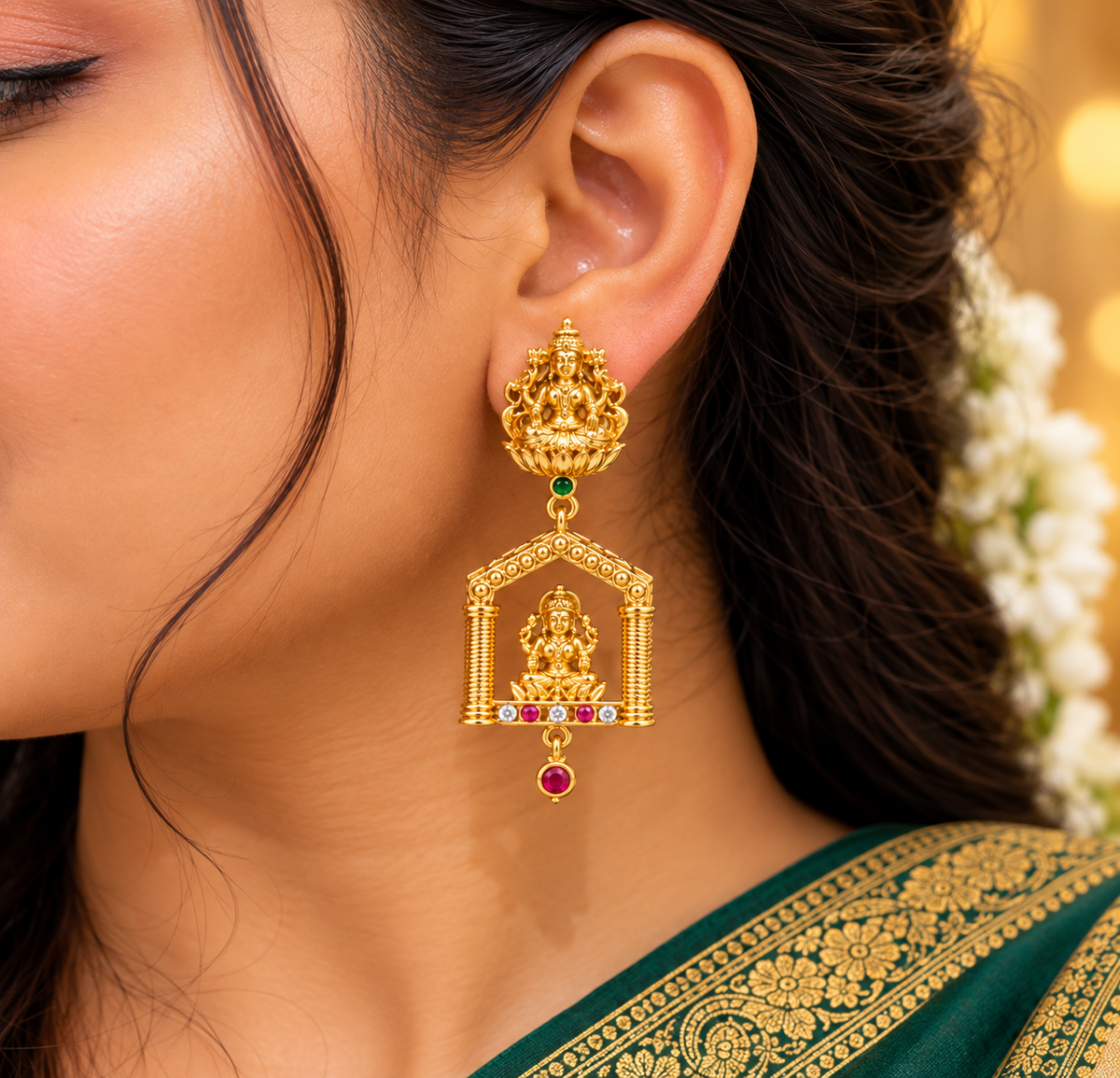 Lakshmi Devi Temple Jhumka ✨
Traditional Elegance with Divine Beauty 💛