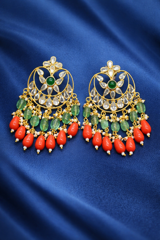 Polki Stone earrings coral and emerald