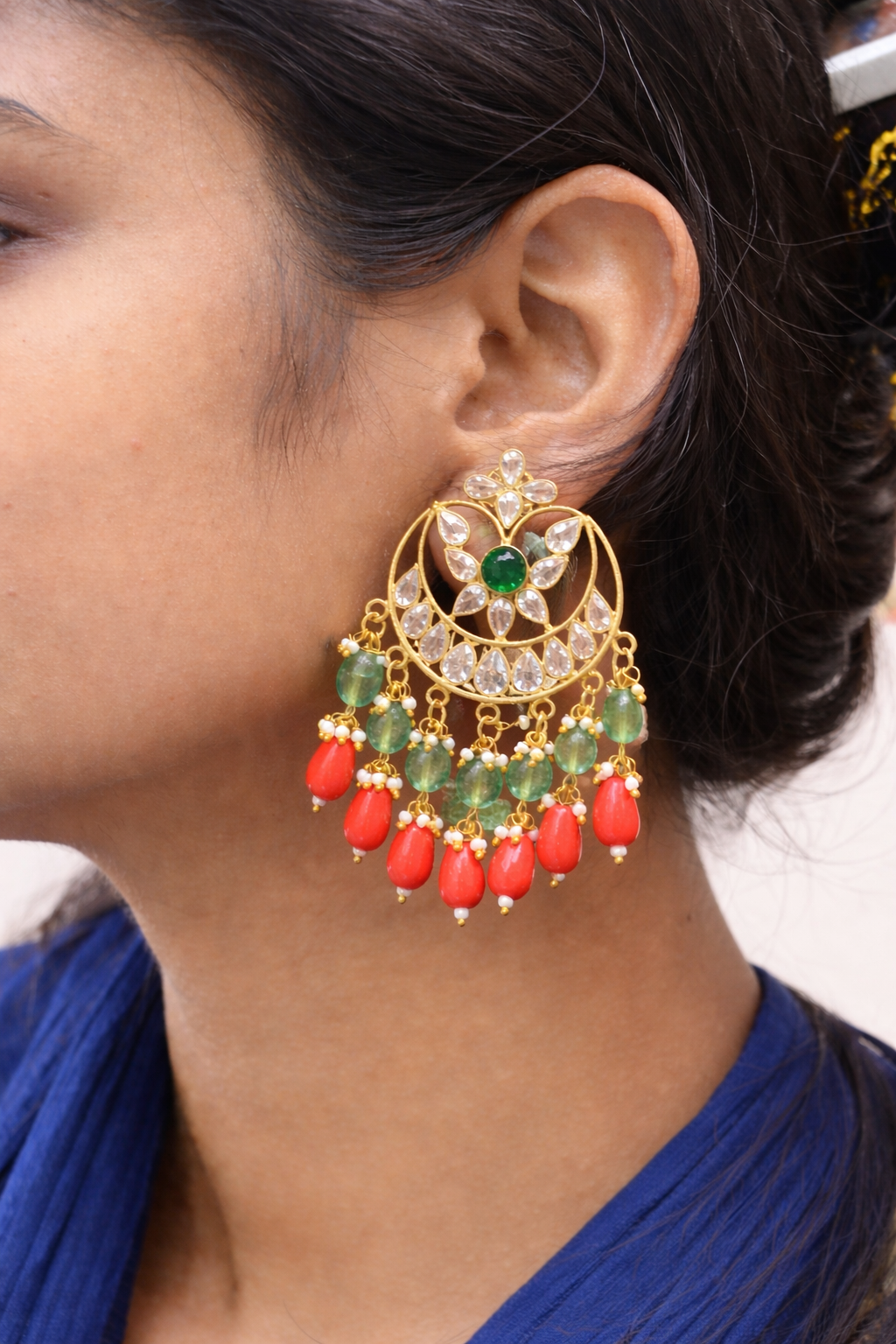 Polki Stone earrings coral and emerald