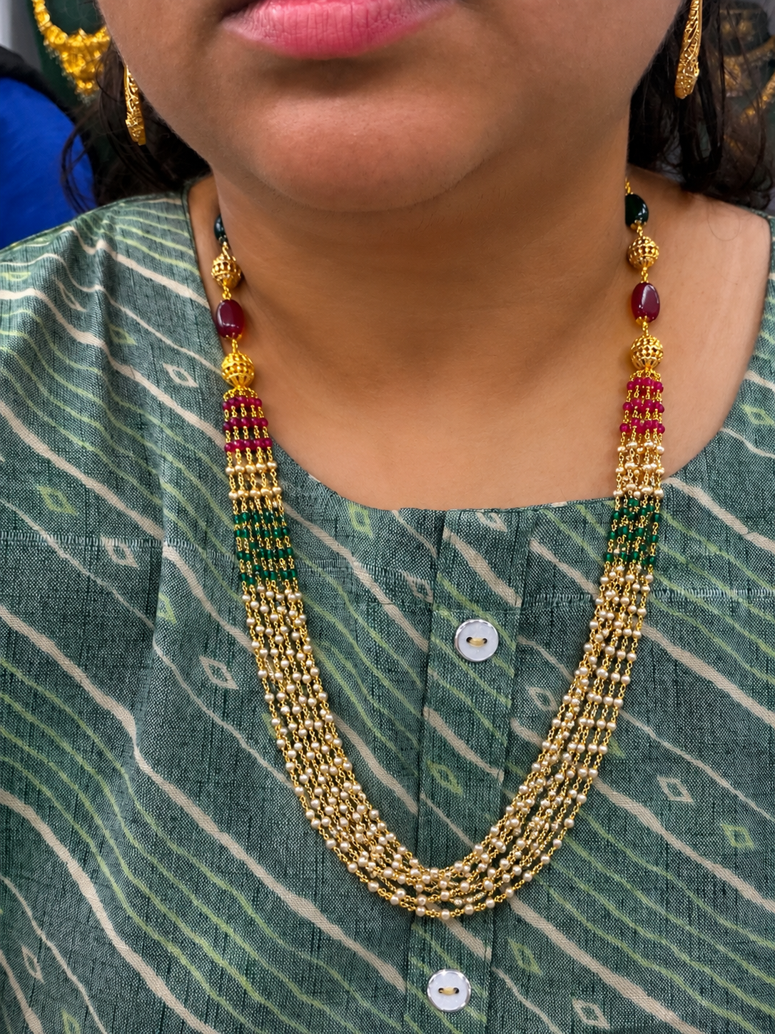 Australian Pearl, Ruby & Emerald Handmade Gold Beaded Necklace ✨22inch