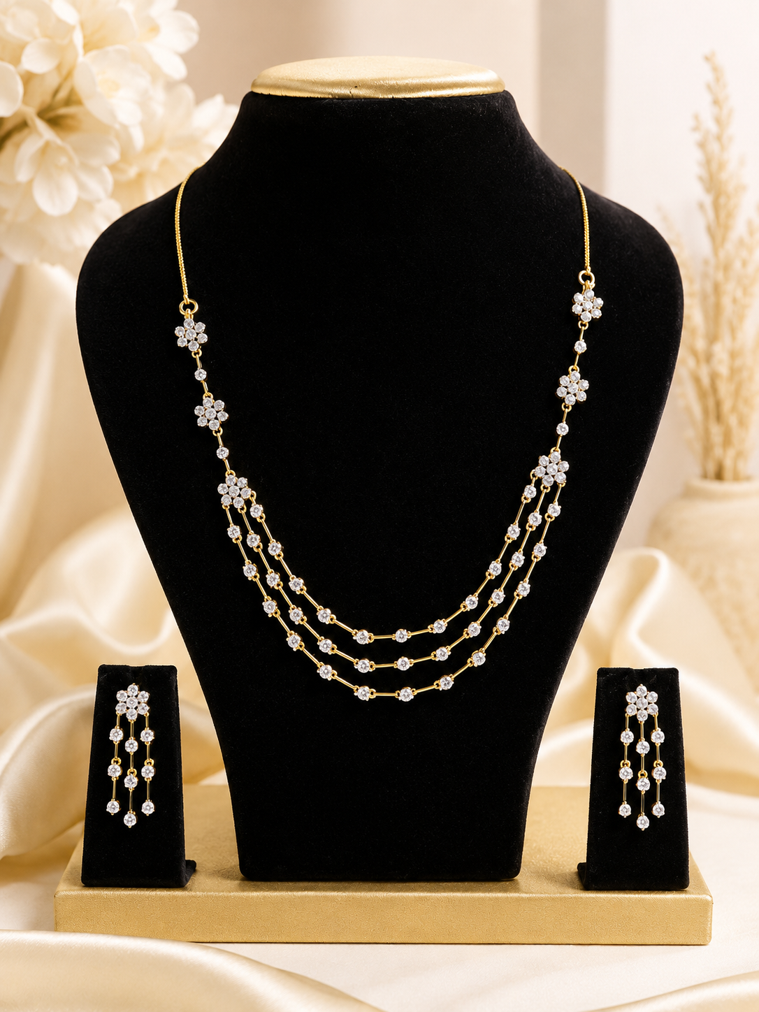 Elegant 3-Layer Floral Diamond Look Necklace & Earring Set 💎