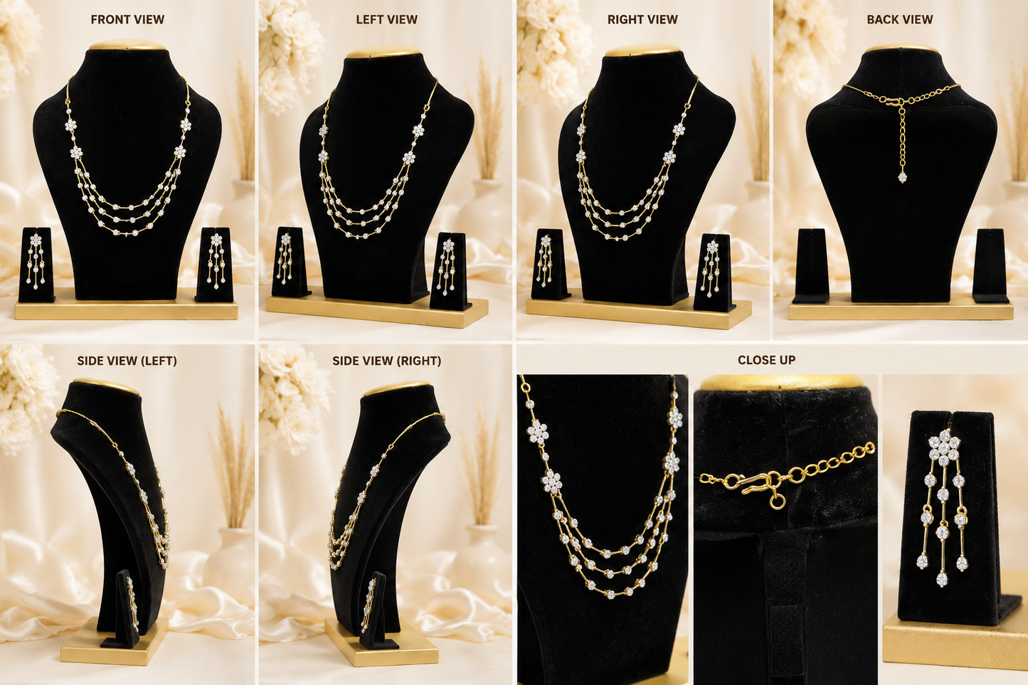 Elegant 3-Layer Floral Diamond Look Necklace & Earring Set 💎