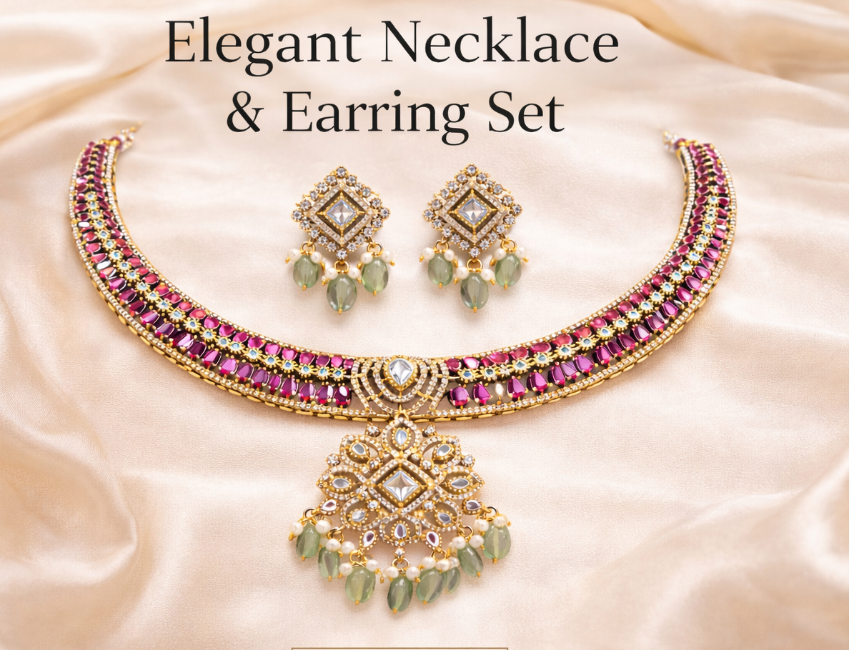 Royal Pink Stone Necklace Set with Earrings