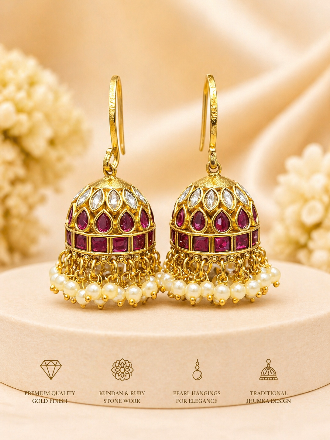 “Traditional Jadau Jhumka Earrings – Pink & Green