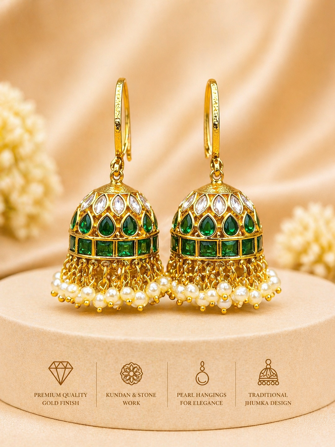 “Traditional Jadau Jhumka Earrings – Pink & Green