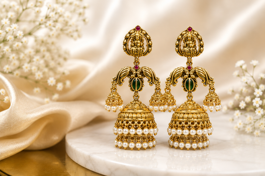 ✨ “Classic Temple Jhumkas for the Modern Queen.”